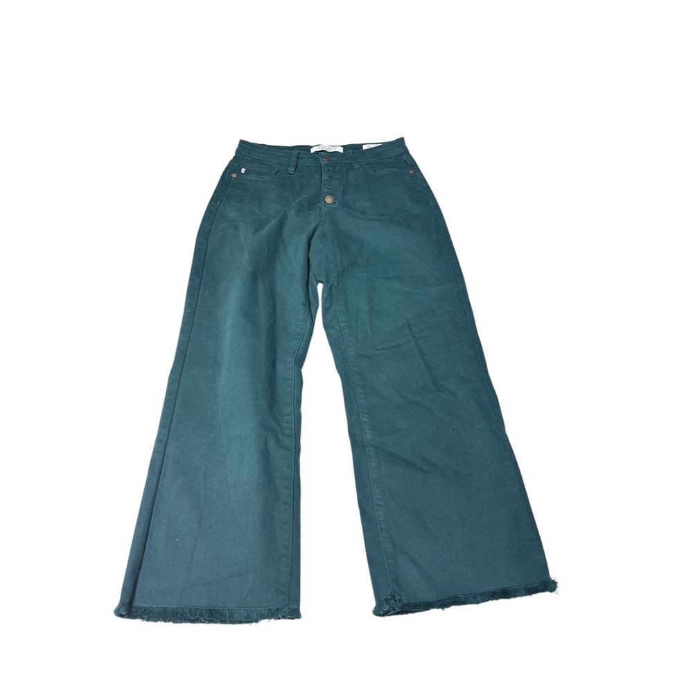 Judy Blue Wide Leg Crop Jeans Forest Green Teal Button Fly Raw Hem 3/26 L26